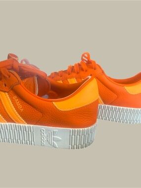 Orange Adidas Samba with Platform Sole and Fluorescent Orange Stripes